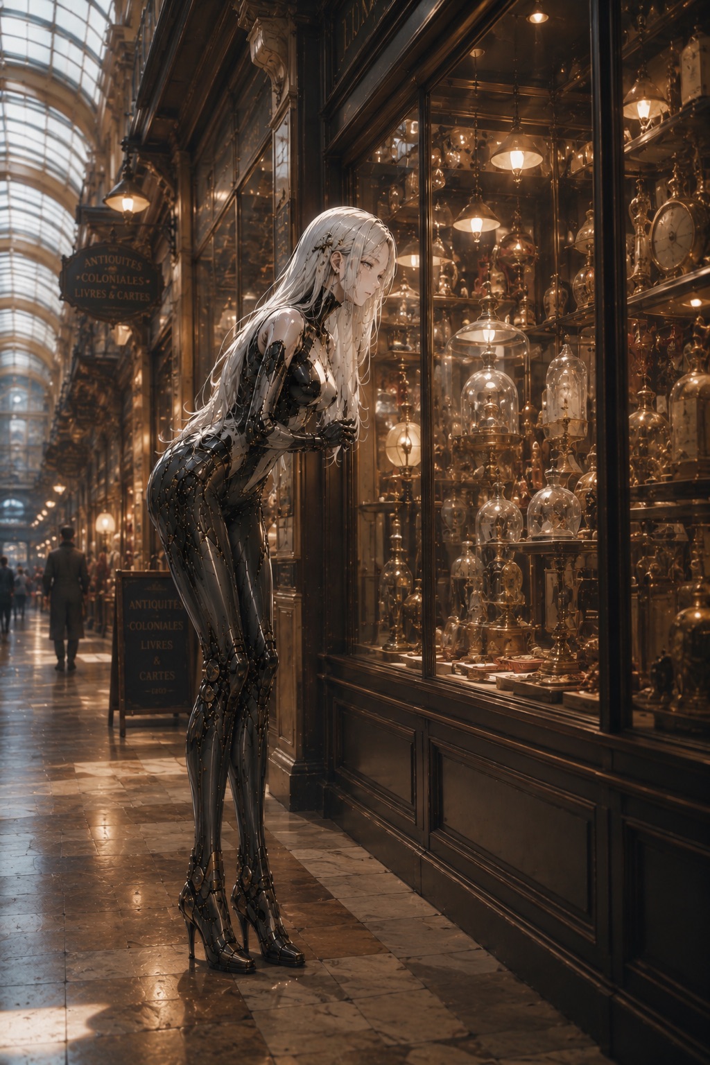 Eve Nine observing an antique shop window in a brass-lit city arcade