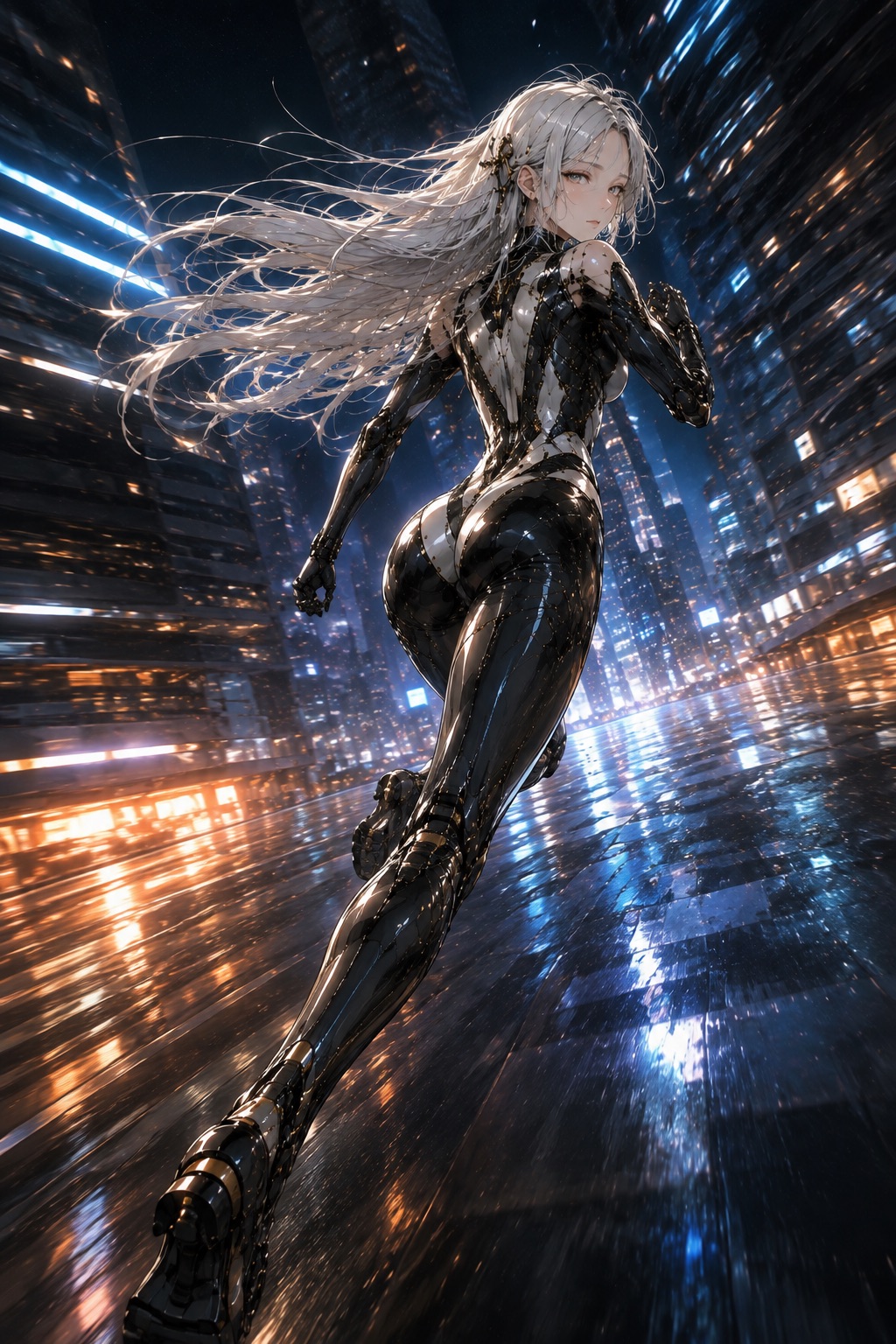 Eve Nine moving through a rain-lit future city at night
