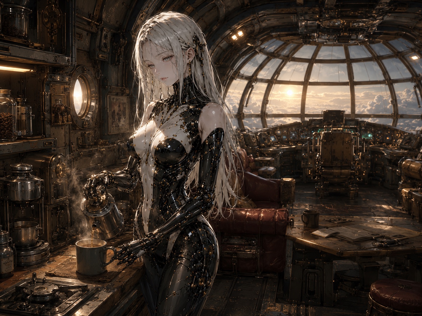 Eve Nine pouring a drink in a warm brass-toned onboard galley