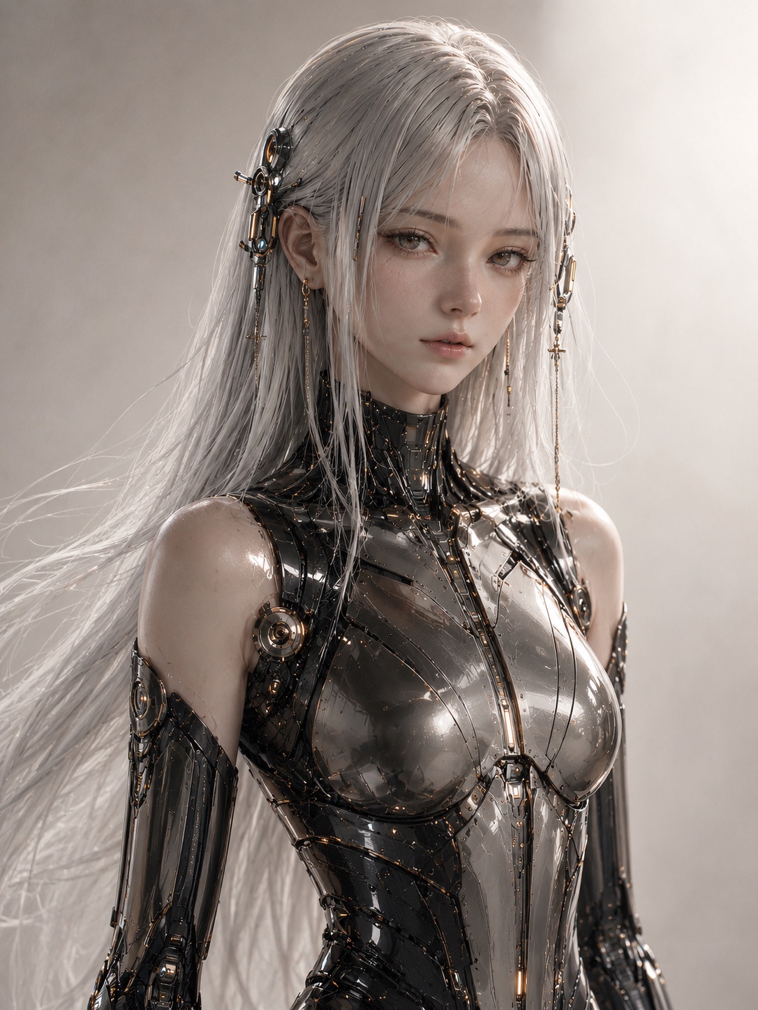 Formal portrait of Eve Nine with silver hair, mechanical ear pieces, and a black and silver field-support body