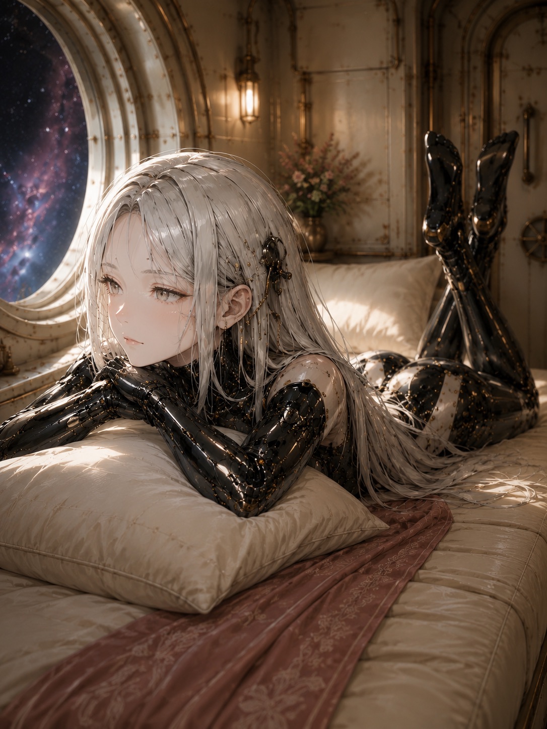Eve Nine resting in a cabin beside a window looking out into space