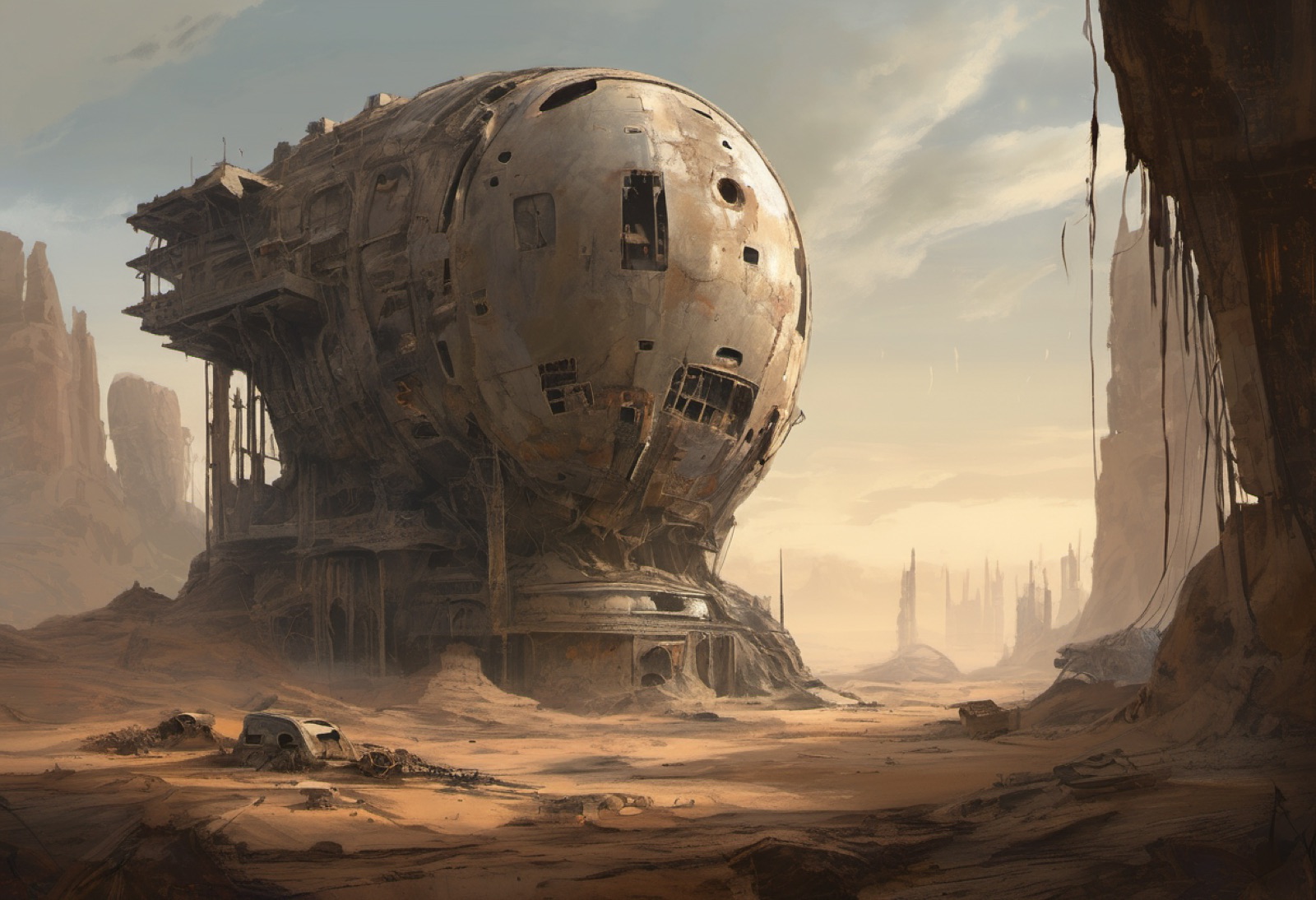 A weathered structure standing in a desert landscape