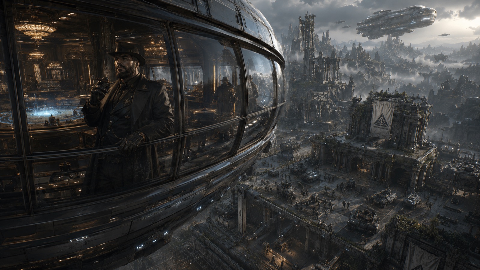 A futuristic city seen from an elevated interior