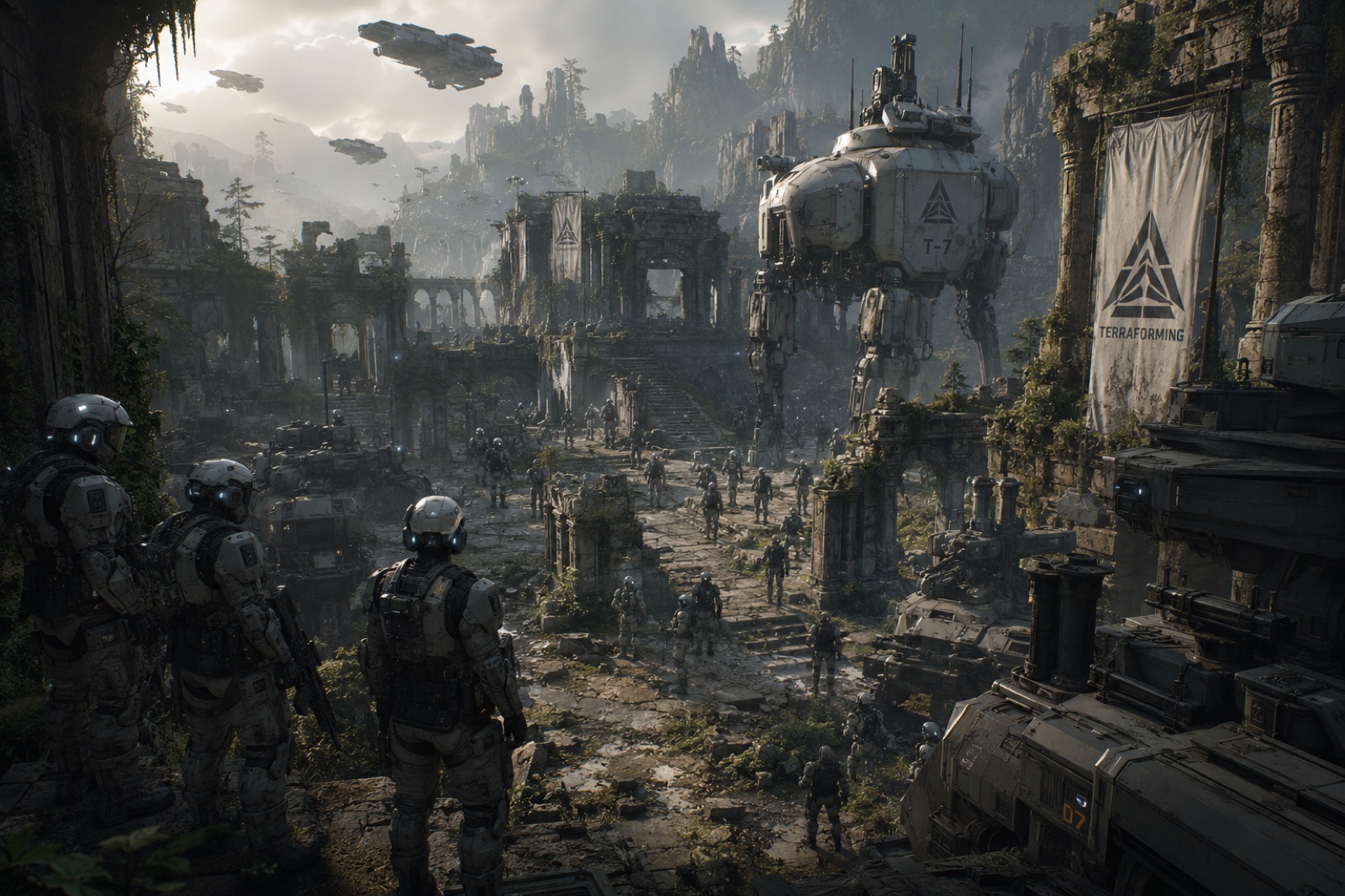 Armored units moving through an overgrown ruin