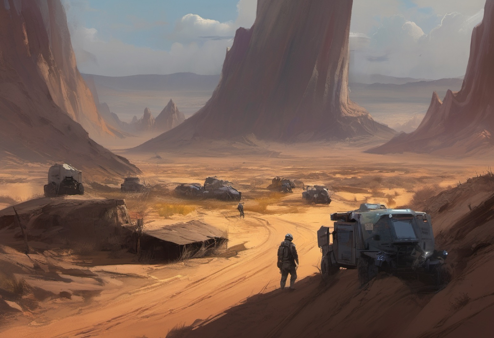 Expedition vehicles in a wide desert valley
