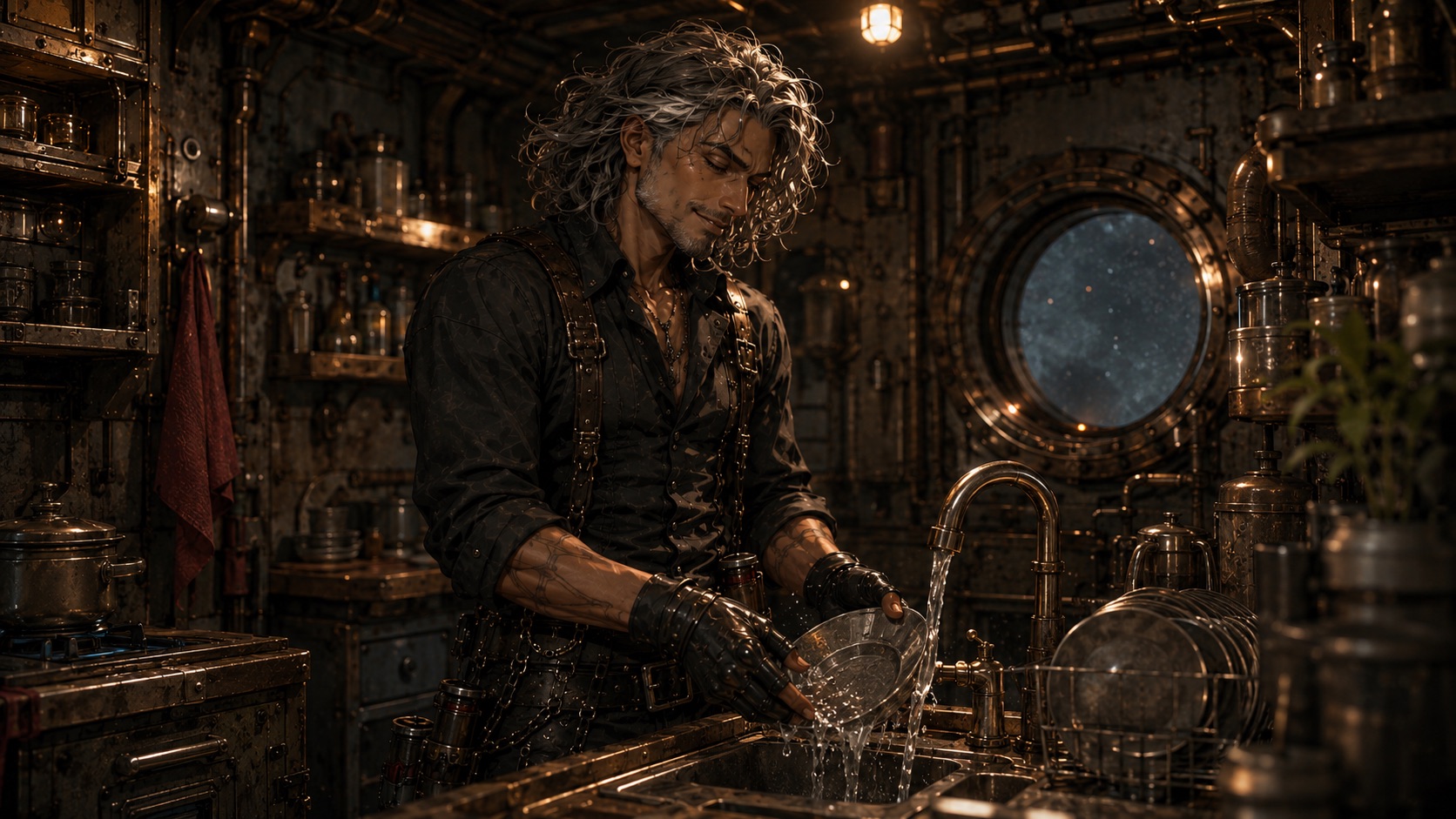 Old Red washing dishes in a warm brass-toned onboard galley