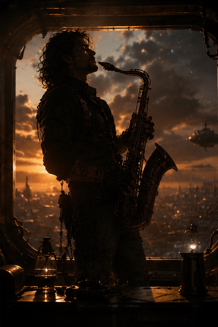 Old Red holding a saxophone at a window above a future city at sunset