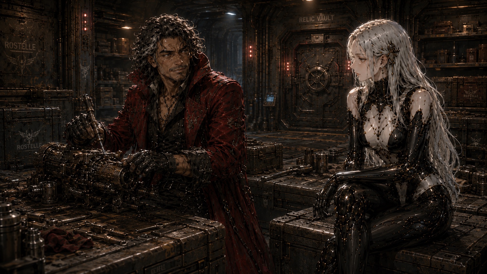 Old Red working at a Rostelle bench while Eve Nine observes