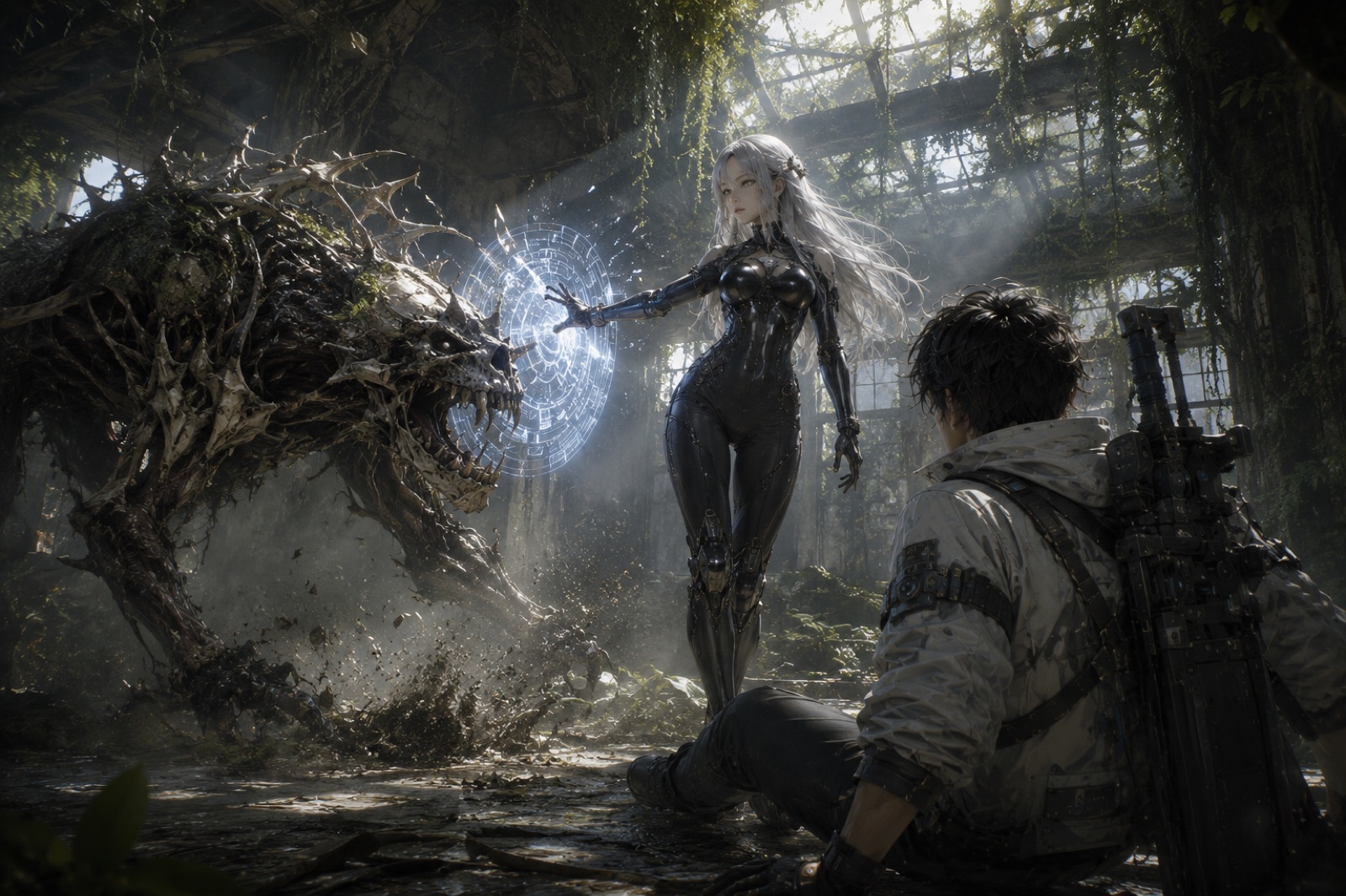 A field explorer encounters Eve Nine in an overgrown structure